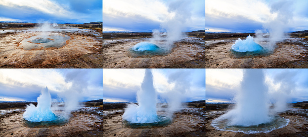 Sequence of the Strokkur Geyser erupting at the Haukadalur geothermal area, part of the golden circle route, in Iceland