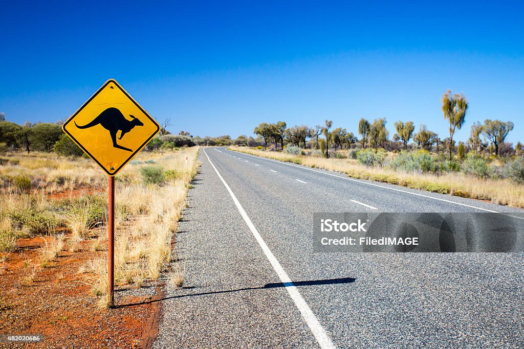 Australian Road Sign An iconic warning road sign for kangaroos near Uluru in Northern Territory, Australia Australia Stock Photo