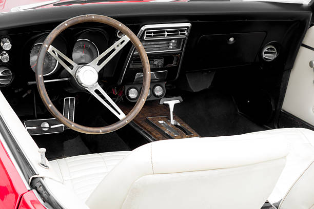 istock Steering wheel and dashboard of an old retro amercan car 482021907