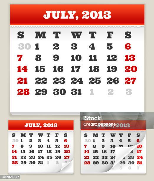 Czwarty Lipca 2013 Kalendarz Świąt Zestaw - Stockowe grafiki wektorowe i więcej obrazów 2013 - 2013, 4-go lipca, Data