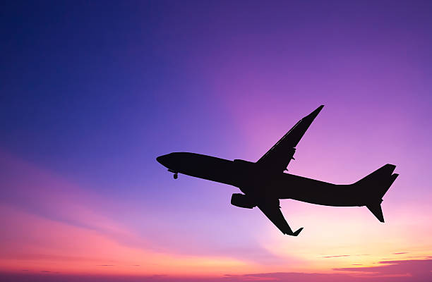 istock Silhouetted commercial airplane flying at sunset 482027262