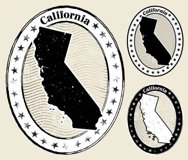 Vector illustration of California Grunge Map Black & White Stamp Collection