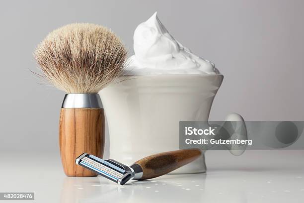 Vintage Shaving Equipment On White Table And Bright Background Stock Photo - Download Image Now