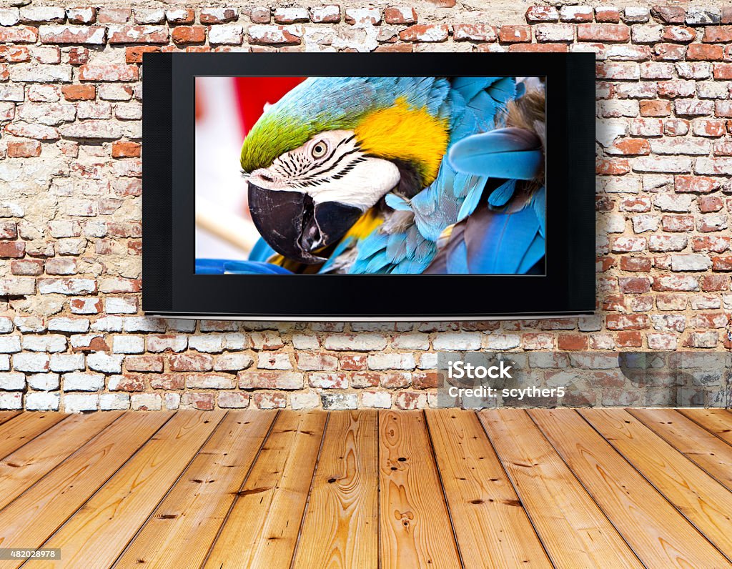 television set on an old wall interior with a television set on an old wall Movie Stock Photo