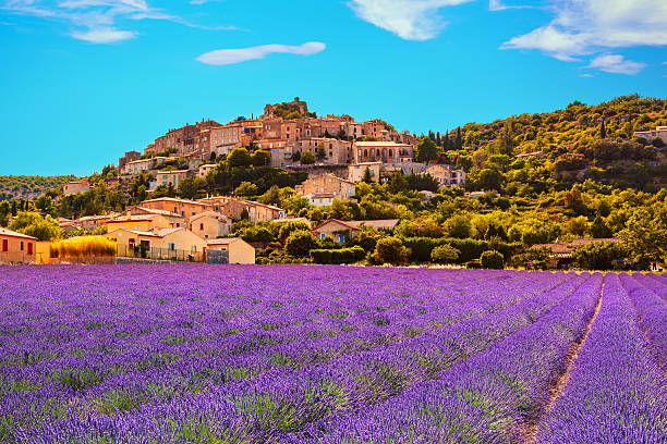 Simiane la Rotonde village and lavender. Provence, France Simiane la Rotonde village and lavender. Provence, France, Europe france village blue sky stock pictures, royalty-free photos & images