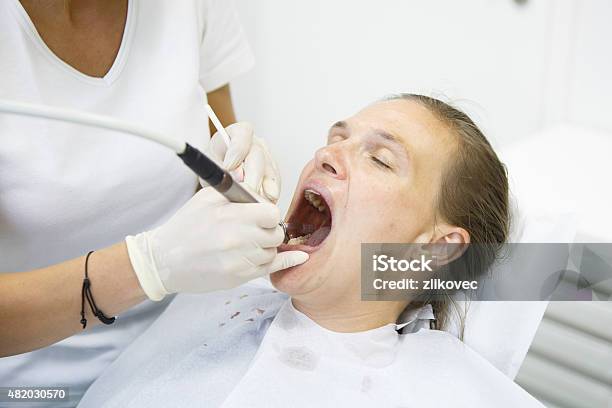 Woman At Dentists Office Stock Photo - Download Image Now - Dental Equipment, Dental Health, Root Canal