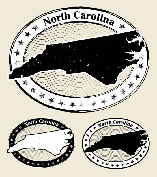 Vector illustration of Norht Carolina Grunge Map Black & White Stamp Collection
