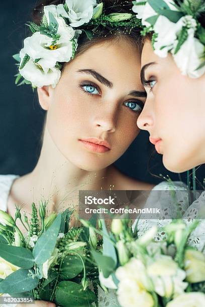 Studio Shot Of Young Beautiful Bride Stock Photo - Download Image Now - Bride, Human Face, Flower