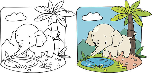 Elephant. Coloring book Coloring picture of elephant on a green lawn african animals coloring pages stock illustrations