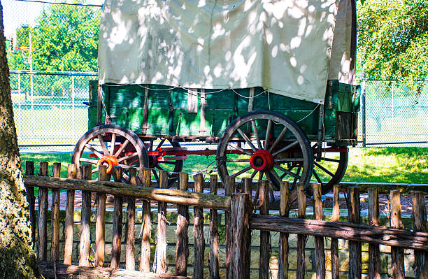 Old Covered Wagon next to Branch Wood Fence