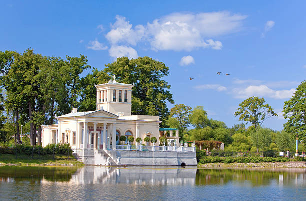 Russia, Peterhof (Petrodvorets). Olga's Pavilion on  island stock photo