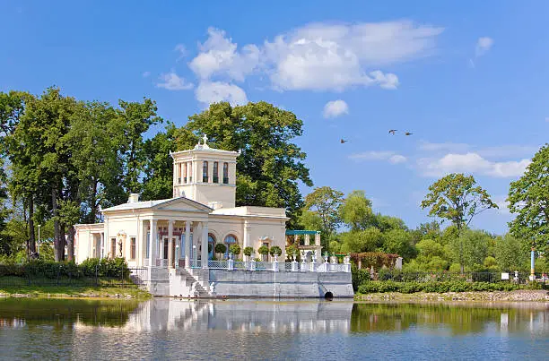 Russia, Peterhof (Petrodvorets). Olga's Pavilion on  island in Olga's pond.