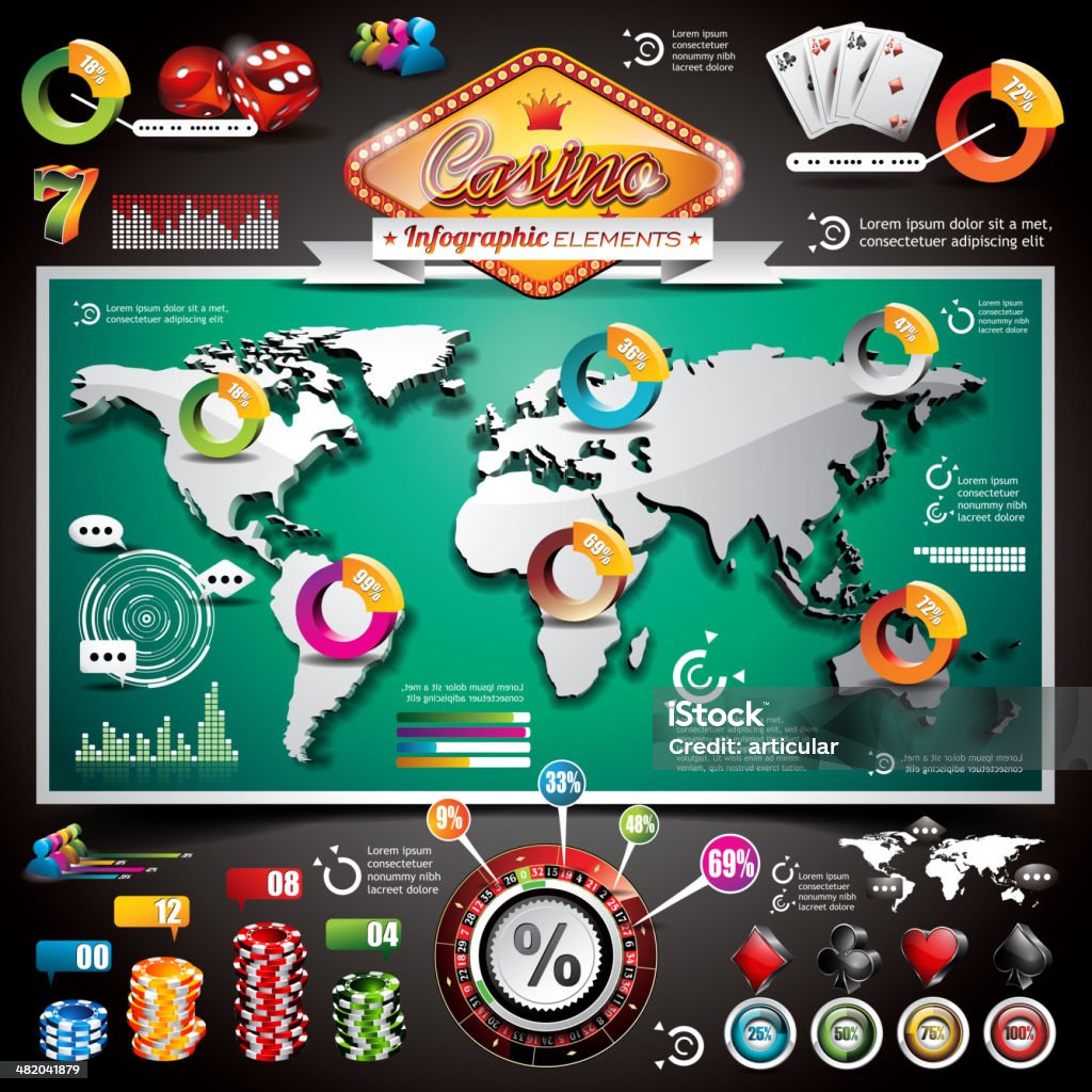Casino infografía conjunto con mapamundi y juegos de elementos. - arte vectorial de Abstracto libre de derechos