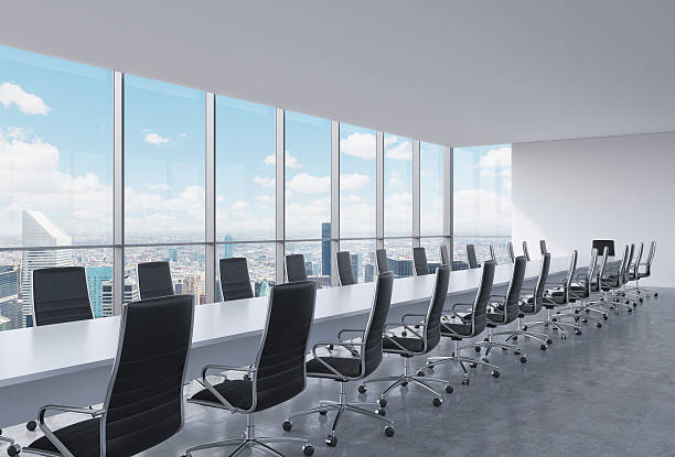 istock Panoramic conference room in modern office, New York City view 482043236