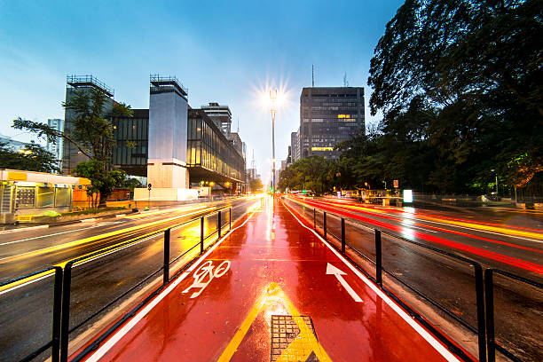 Paulista Avenue under a drizzle.