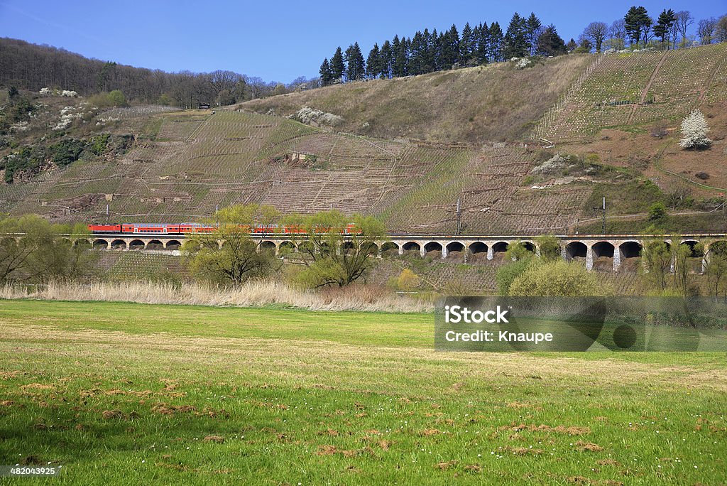 train rouge pousse sur le bassin «Viaduct» dans les vignobles - Photo de Arbre libre de droits