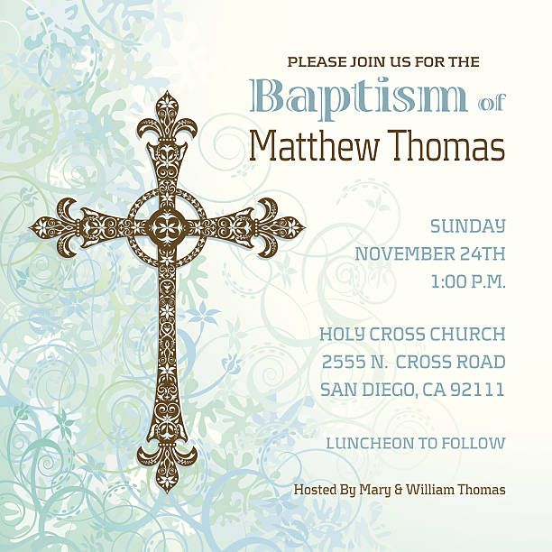 Boys Baptism Invitation Lacy stylized cross with a abstract background of blue floral swirls. Great for Confirmation, Baptism, Easter or any religious celebration. christening stock illustrations