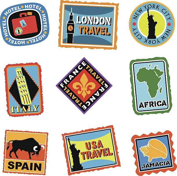 Vector illustration of luggage labels or travel stickers