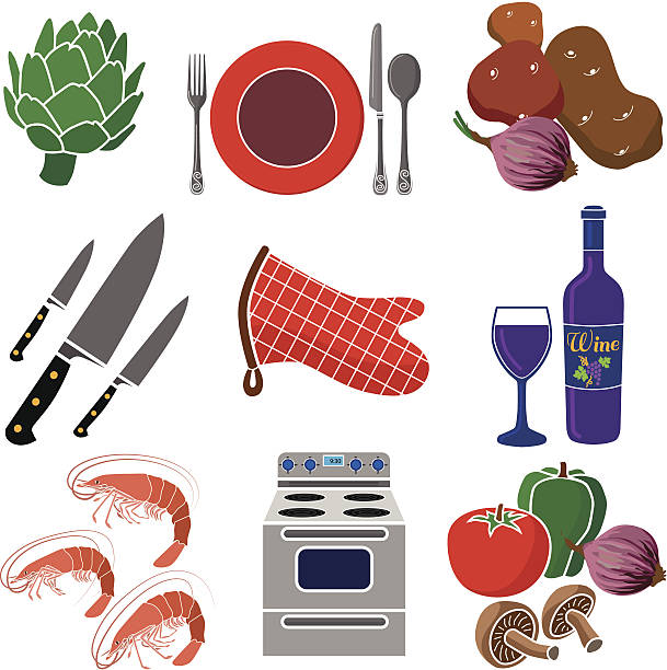 cooking a shrimp dinner icon set A vector illustration of a cooking a shrimp dinner icon set. Artichoke stock illustrations