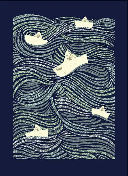 Vector illustration of Paper boats sailing rough sea waves