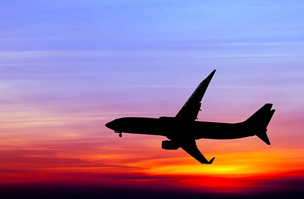 istock Silhouetted commercial airplane flying at sunset 482045366