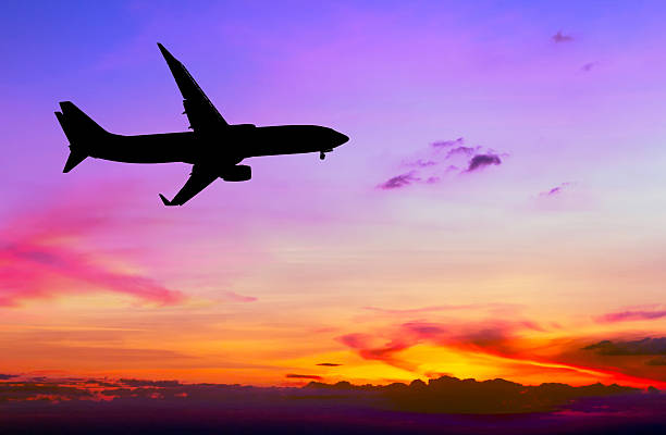 istock Silhouetted commercial airplane flying at sunset 482045368