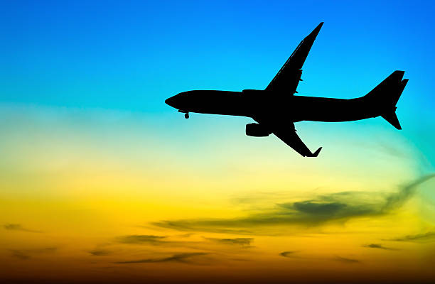 istock Silhouetted commercial airplane flying at sunset 482045370