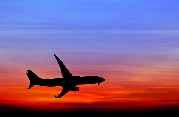 istock Silhouetted commercial airplane flying at sunset 482045372