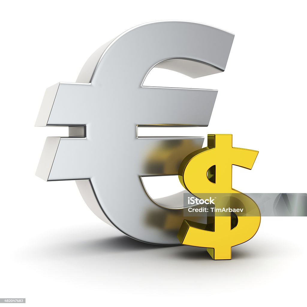 Euro up vs. dollar Big metallic euro symbol and small golden dollar sign Banking Stock Photo