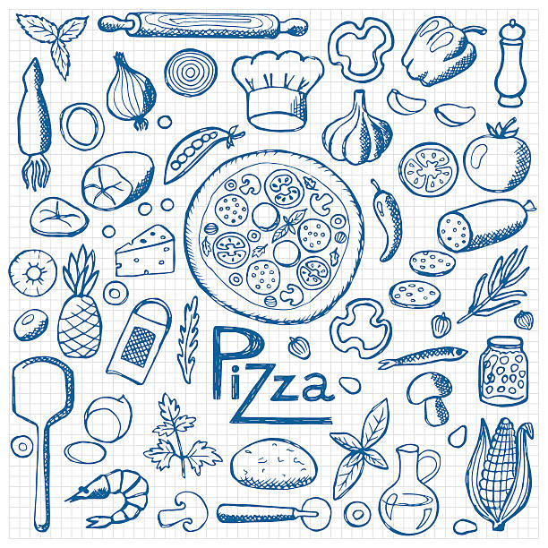 Pizza. Set hand drawn elements Vector illustration for backgrounds, web design, design elements, textile prints, covers, posters, menu pizza place stock illustrations