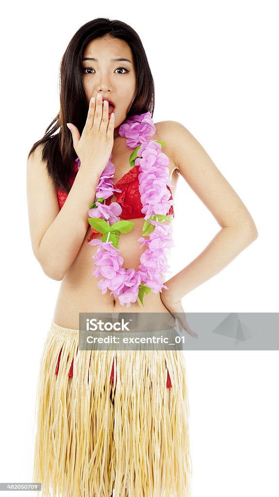 Hula Girl with flower isolated Attractive Asian girl in her 20s shot in studio and isolated on a white background. 20-29 Years Stock Photo