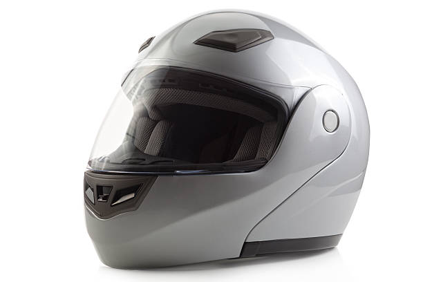 istock Silver glossy bike helmet isolated 482051623
