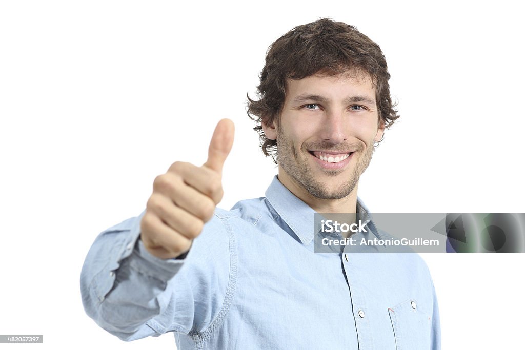 Adult happy man agreement gesturing thumbs up Adult happy man agreement gesturing thumbs up isolated on a white background 30-39 Years Stock Photo