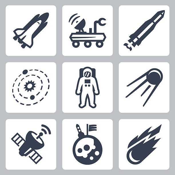 ilustraciones, imágenes clip art, dibujos animados e iconos de stock de vector conjunto de iconos de espacio - sputnik