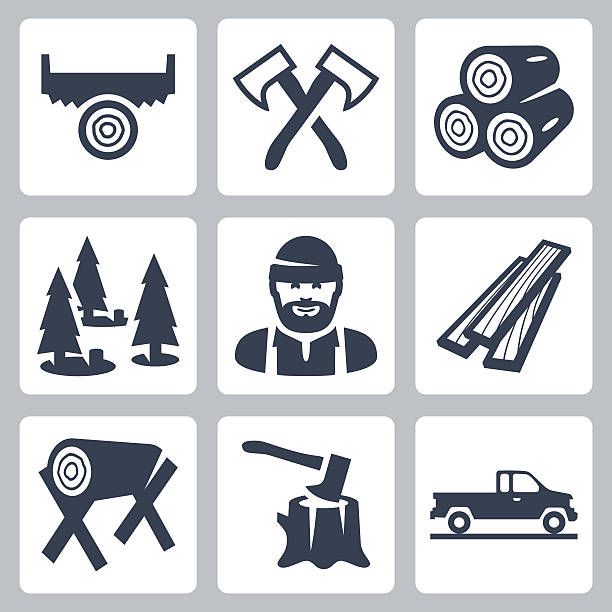 ilustraciones, imágenes clip art, dibujos animados e iconos de stock de vector conjunto de iconos de leñador - lumber industry lumberyard stack wood