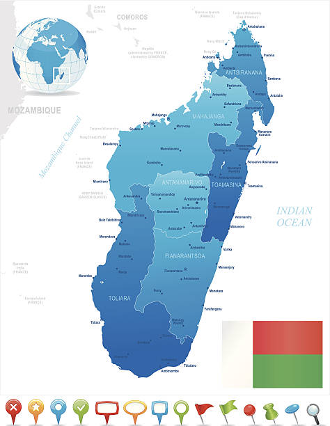 istock Map of Madagascar - states, cities, flag and icons 482058237