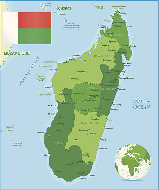 istock Green Map of Madagascar - states, cities and flag 482058309