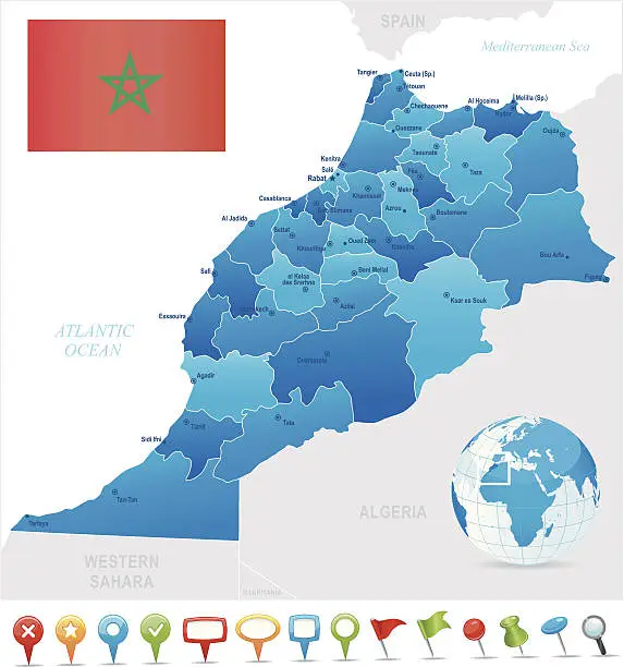 Vector illustration of Map of Morocco - states, cities, flag and icons