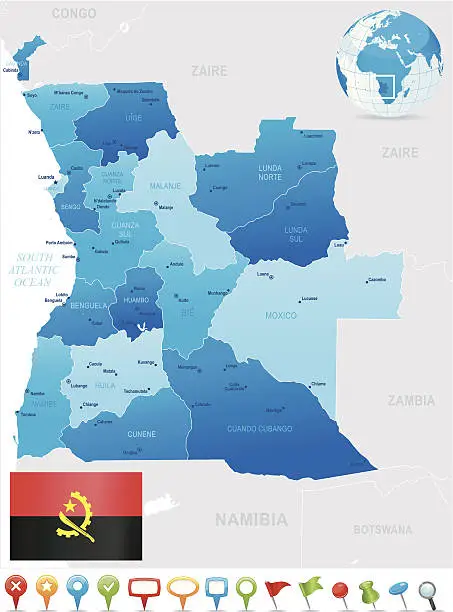 Vector illustration of Map of Angola - states, cities, flag and icons