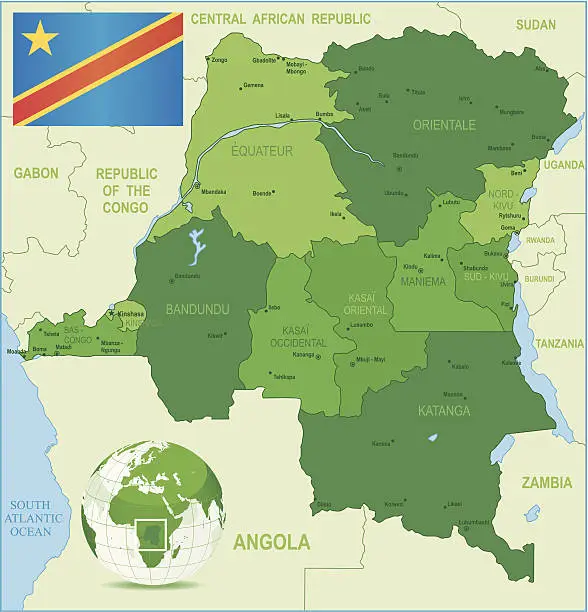 Vector illustration of Democratic Republic of Congo - Green Map: states, cities, flag