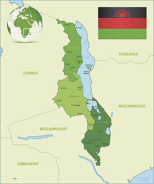 illustrazioni stock, clip art, cartoni animati e icone di tendenza di verde mappa del malawi-membri, città e bandiera - republic of malawi