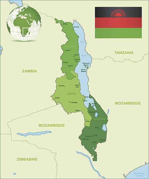 green mapa malawi-członkowskich, miastami i flaga - republic of malawi stock illustrations