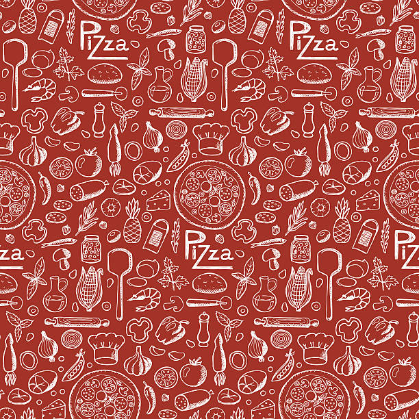 ilustraciones, imágenes clip art, dibujos animados e iconos de stock de pizza. dibujados a mano garabatos patrón sin costuras - italian cuisine illustrations