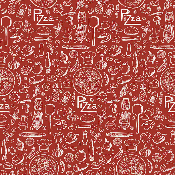 пицца. doodle pattern hand drawn seamless - italian cuisine illustrations stock illustrations