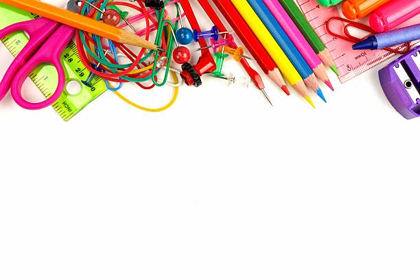 istock Top border of school supplies over white 482060070
