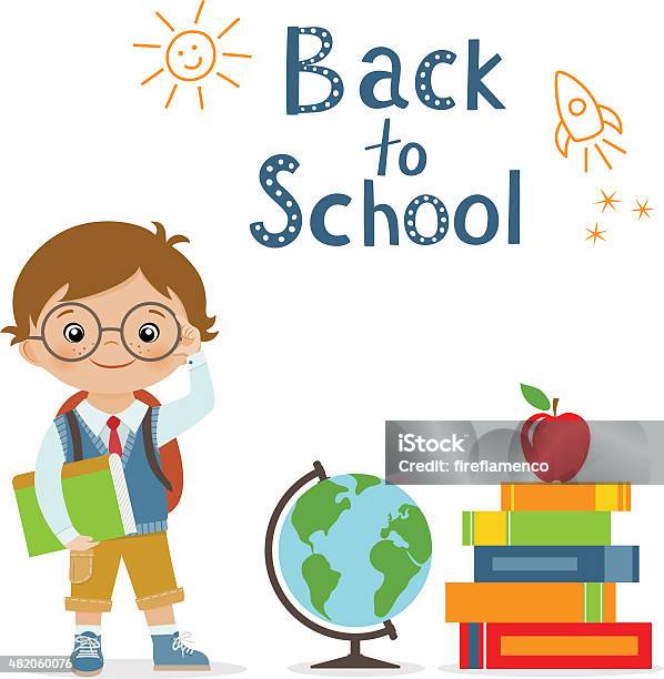 Little Schoolboy With Books And Globe Stock Illustration - Download Image Now - 2015, Apple - Fruit, Back to School
