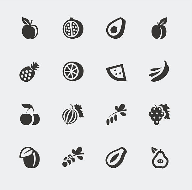 ilustraciones, imágenes clip art, dibujos animados e iconos de stock de vector de iconos de frutas y bayas juego pequeño - apple sign food silhouette