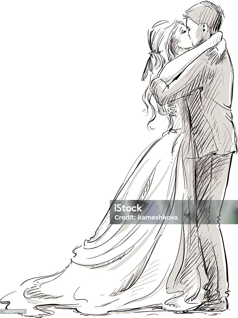 Wedding couple kiss. Newlywed.  Vector sketch. Couple - Relationship stock vector