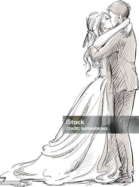 Wedding Couple Kiss Newlywed Vector Sketch Stock Illustration - Download Image Now - Groom - Human Role, Wedding, Bride