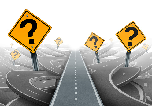 Solution and strategy path questions and clear planning for ideas in business leadership with a straight path to success choosing the right strategic plan with yellow traffic signs cutting through a maze of highways.